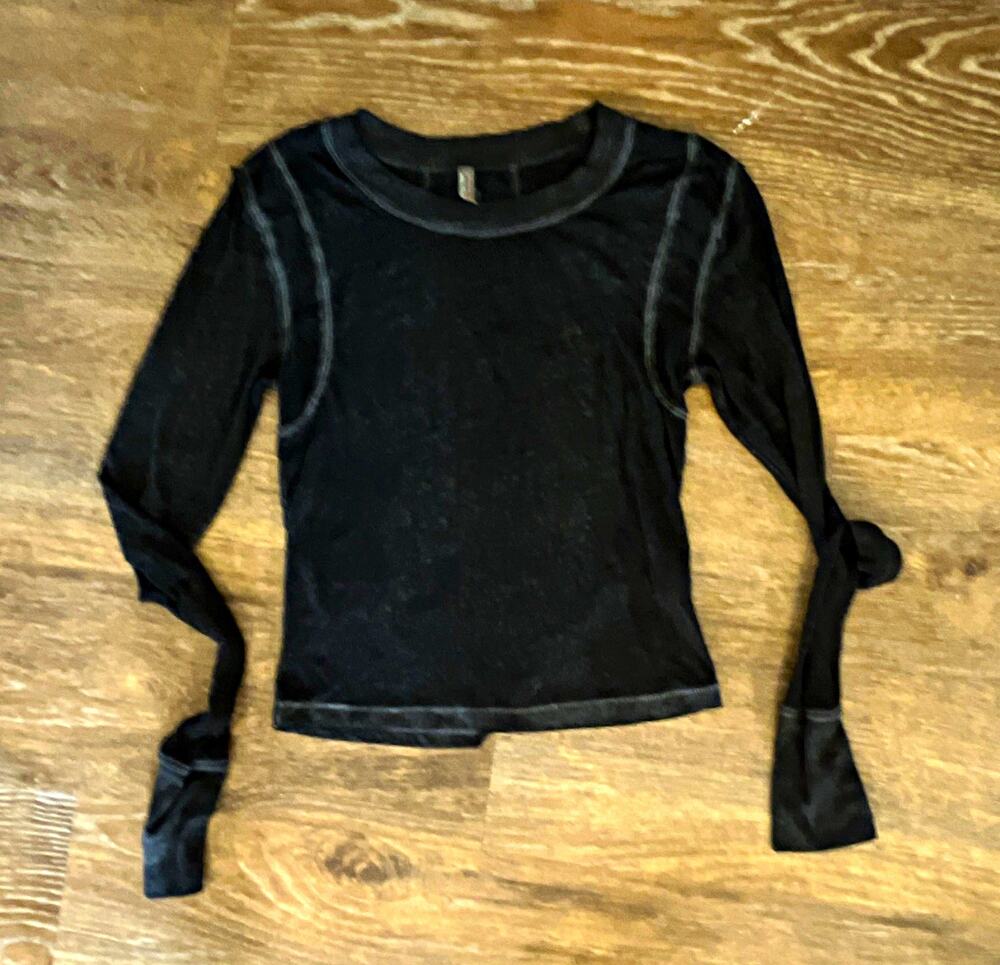 Free People Black Cotton Knit Crew Neck Long Sleeve Seam Pullover Top